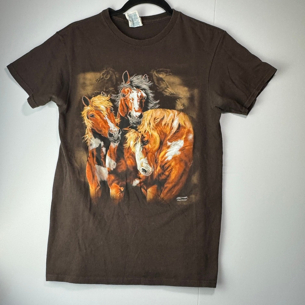 Delta Pro Weight Gardner Find 9 Horses Graphic T-Shirt Brown Small Vintage Style